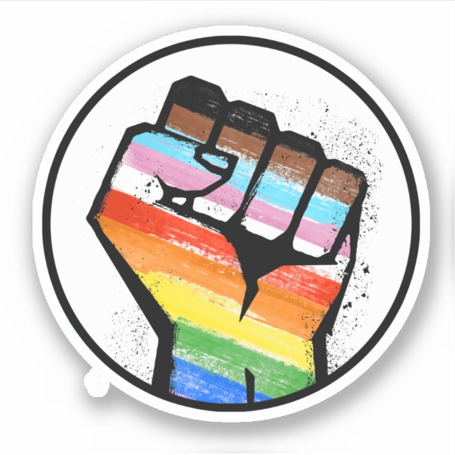 Autocollant rond Progress Pride Fist (Devant)