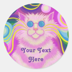 Autocollant rond Psy-cat-delic Pink 'Your Text Her