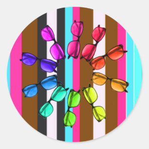 Autocollant rond rayures arc-en-ciel et lunettes