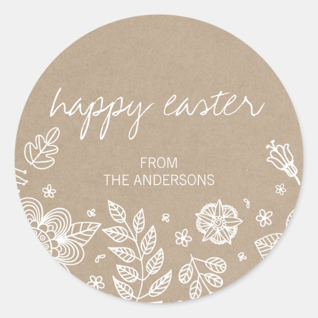 Autocollant rond Rustique Kraft Floral Happy Pâque (Devant)
