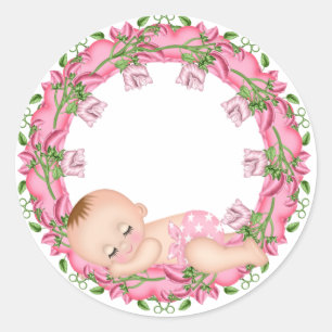Autocollant rose de baby shower avec le bébé