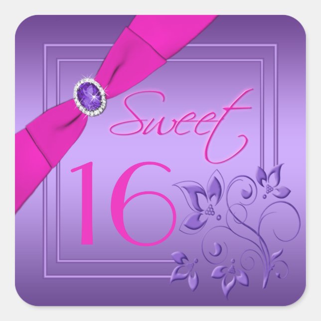 Autocollant rose et violet Floral Sweet 16 Carrés (Devant)