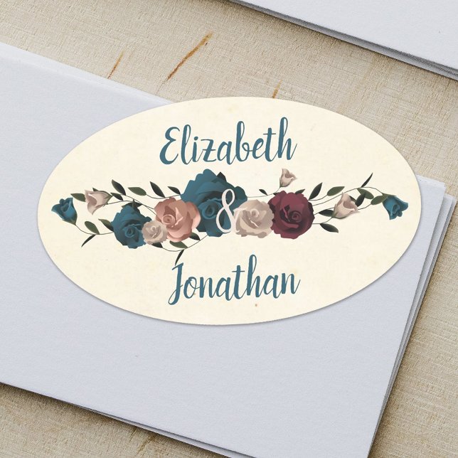 Autocollant Rose turquoise, Beige, Bourgogne (Oval Wedding Sticker Label with Couple's Names, Teal, Beige, Burgundy Roses Botanical Theme)