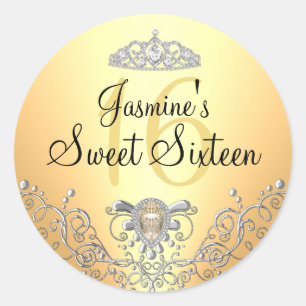 Autocollant Sweet Sixteen Strass Jaune & Diadème