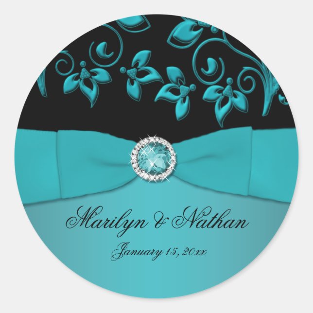 Autocollant turquoise et floral noir 1,5 po rond (Devant)