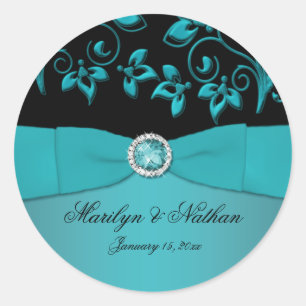 Autocollant turquoise et floral noir 1,5 po rond