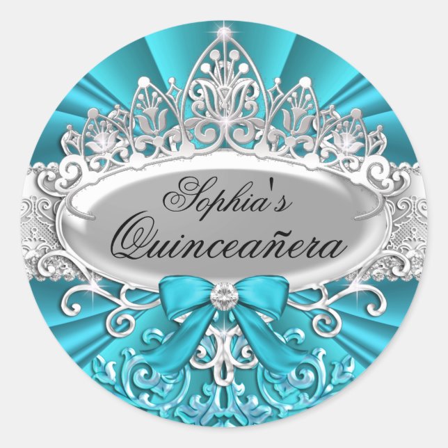 Autocollant turquoise Tiara & Damask Quinceanera (Devant)