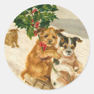 Autocollant victorien de Noël de chien