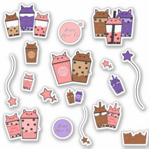 Autocollant vinyle Kawaii Meow Tea Set de 17 aut