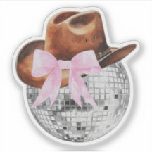 Autocollant western boule disco noeud rose chapeau