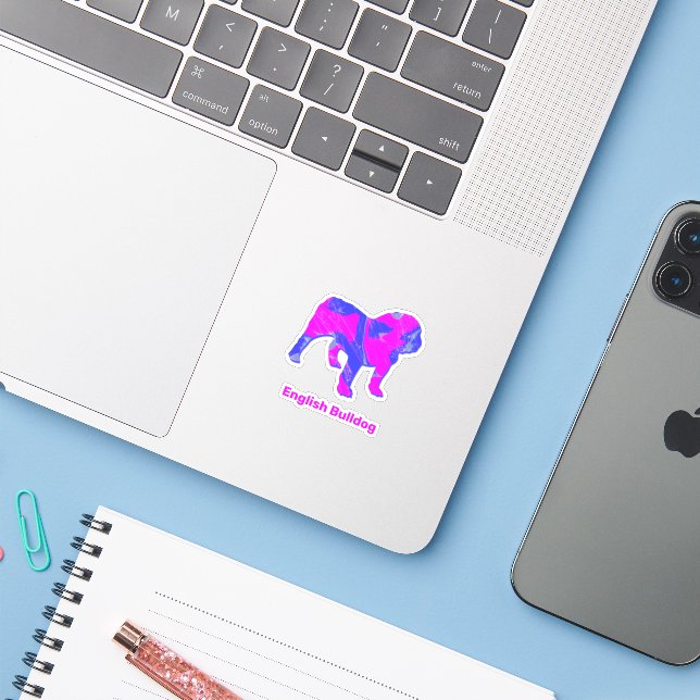 Autocollants Bulldog Crazy Hot Pink & Blue Cut (Ordinateur portable avec iPhone)