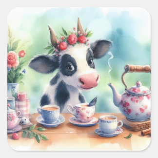 Autocollants carrés de vache mignonne buvant du th