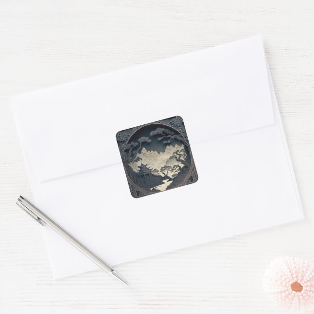 Autocollants carrés gris paysage chinois 3D encadr (Enveloppe)