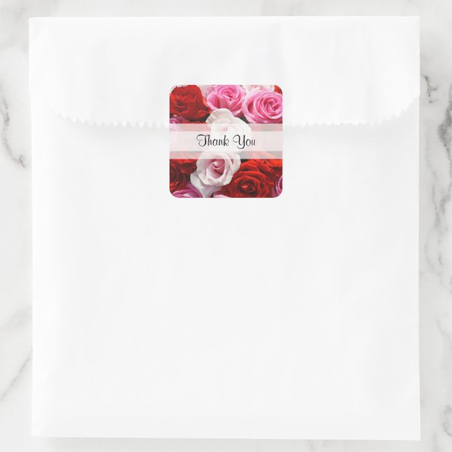 Autocollants Carrés Rose "Merci" personnalisés (Sac)