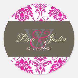 Autocollants de mariage à monogramme en damas rose