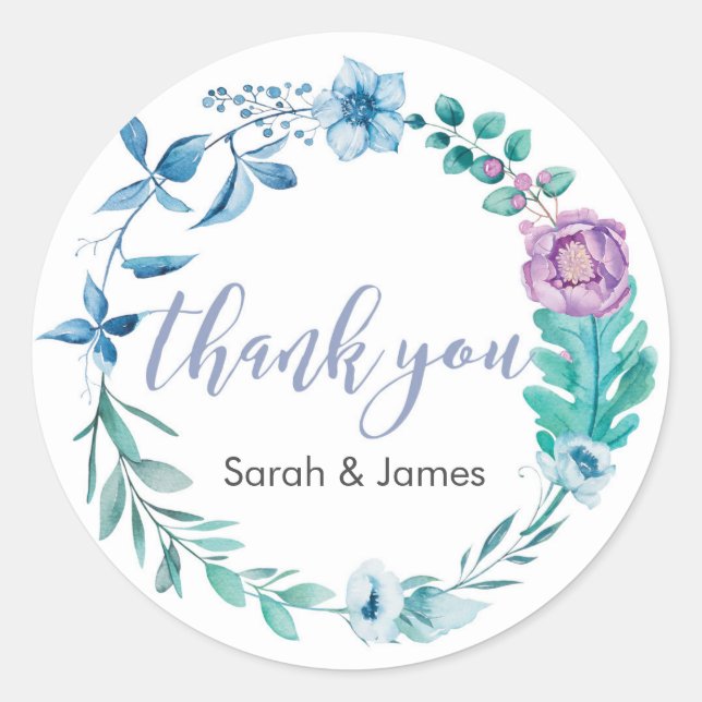 Autocollants de mariage bleu et violet Merci Flora (Devant)