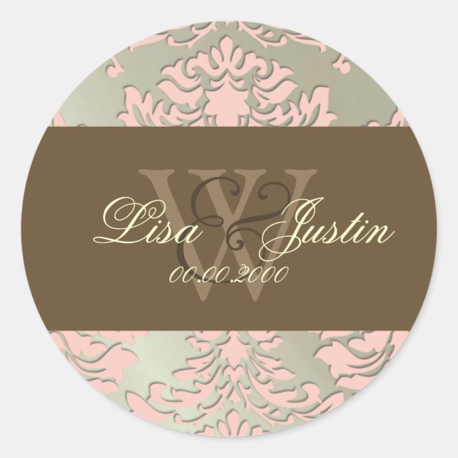 Autocollants de mariage Faux argent/rose Damask mo (Devant)