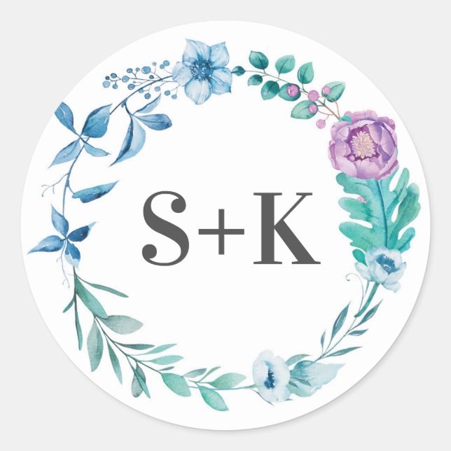 Autocollants de mariage initial bleu et violet (Devant)