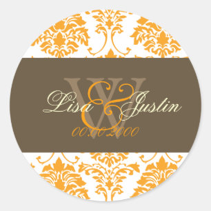 Autocollants de mariage monogramme Orange Damask