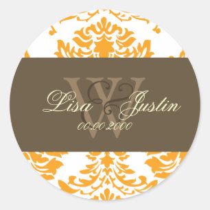 Autocollants de mariage monogramme Orange Damask