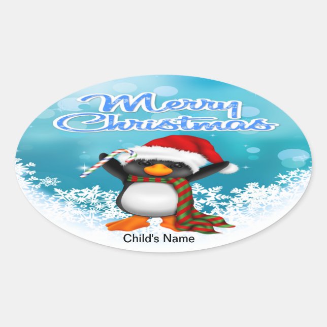Autocollants d'ovale de pingouin de Joyeux Noël (Devant)