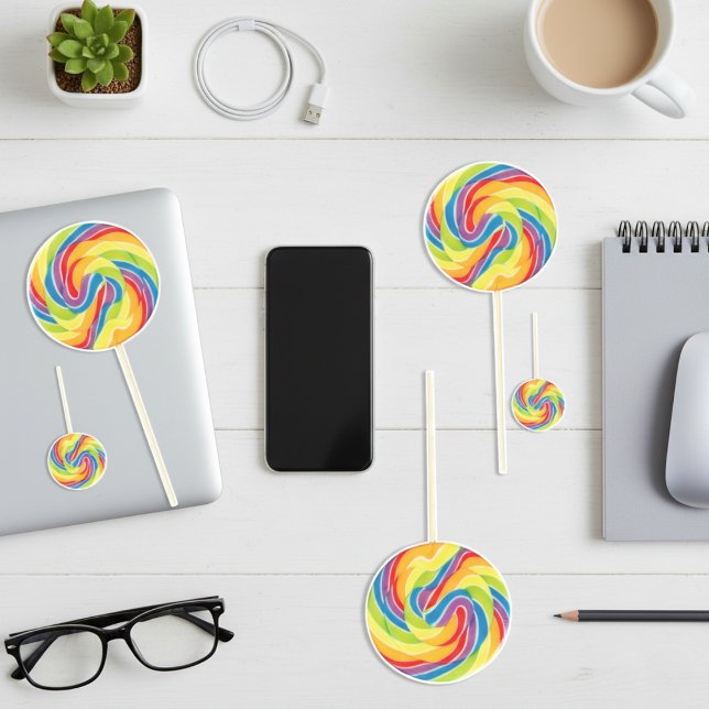 Autocollants en forme de sucette tourbillon arc-en (Vibrant Rainbow Swirl Lollipop Stickers)