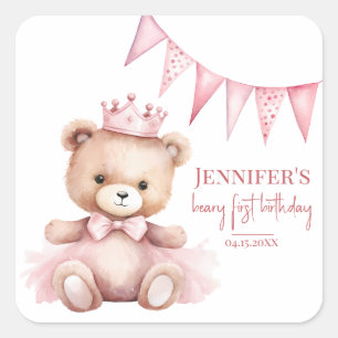 Autocollants Fille Ourson Aquarelle 1er Anniversai