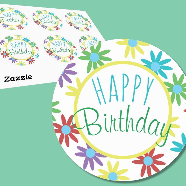 Autocollants Fleuris Colorés Joyeux Anniversaire (Depiction of Round Stickers, Sheet of 6 and Front View)