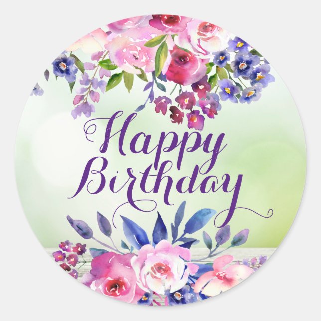 Autocollants Joyeux Anniversaire Fleurs Aquarelle (Devant)