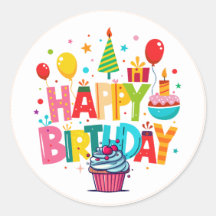 Autocollants Joyeux Anniversaire, Forme Ronde