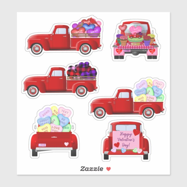 Autocollants Petits Camions Rouges Saint-Valentin (Feuille)