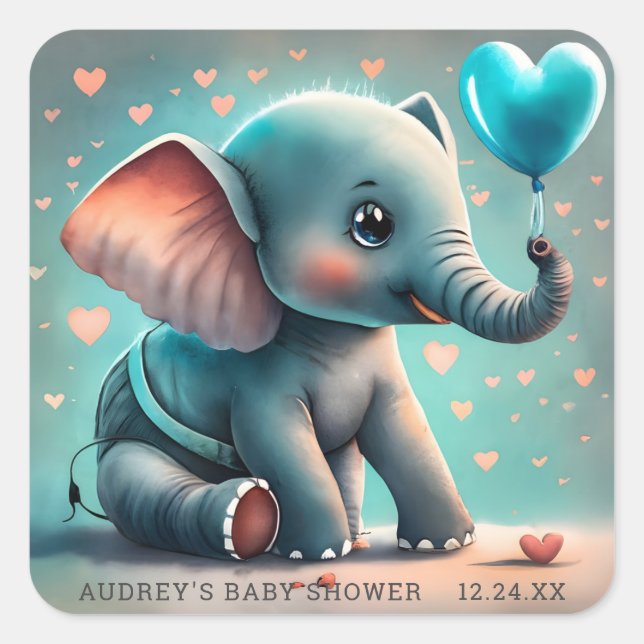Autocollants pour Baby Shower Turquoise Gris Éléph (Devant)