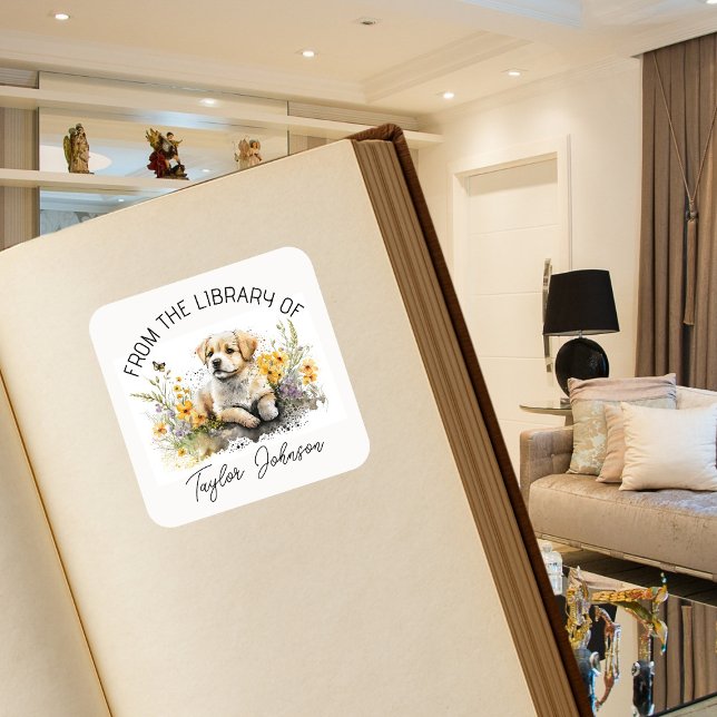 Autocollants pour livres, ex-libris floral chien c (Créateur téléchargé)