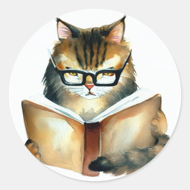Autocollants Ronds Chat Lisant un Livre (Devant)