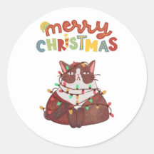 autocollants ronds classiques Joyeux Noël chat mig