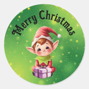 Autocollants ronds de Lutin de Noël avec fond vert
