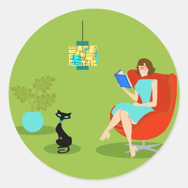 Autocollants ronds de rétro femme de lecture (Devant)
