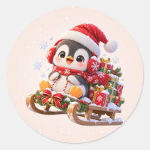 Autocollants Ronds Mignon Manchot Joyeux Noël