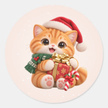 Autocollants Ronds Mignons Chatons Noël