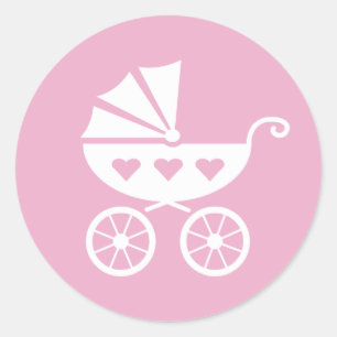 Autocollants roses de baby shower avec le landau