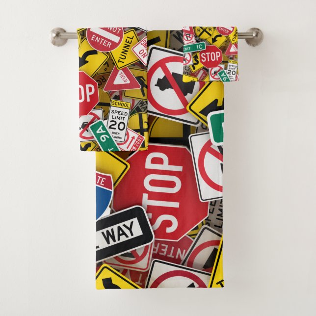Autofahrer-Fun Road-Sign Collage Badhandtuch Set (Insitu)