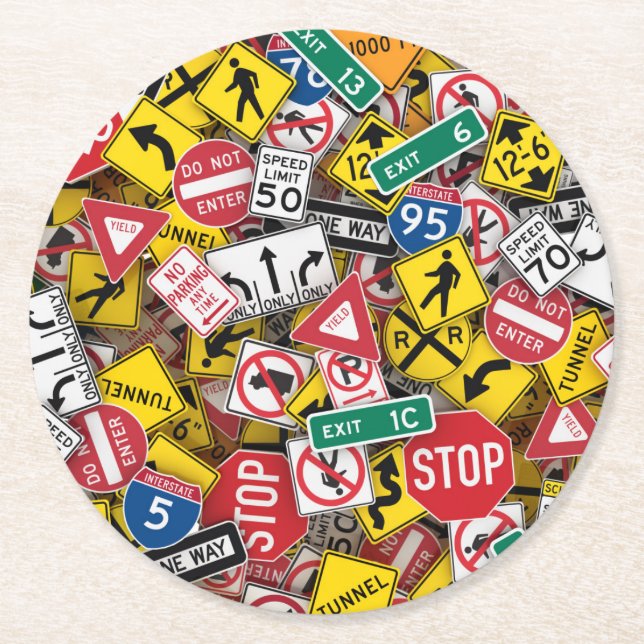 Autofahrer-Fun Road-Sign Collage Runder Pappuntersetzer (Vorderseite)
