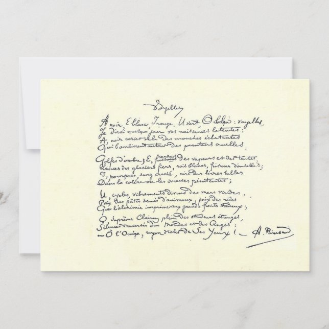 Autogrammmanuskript der Voyelles (Rimbaud Card) Karte (Vorderseite)