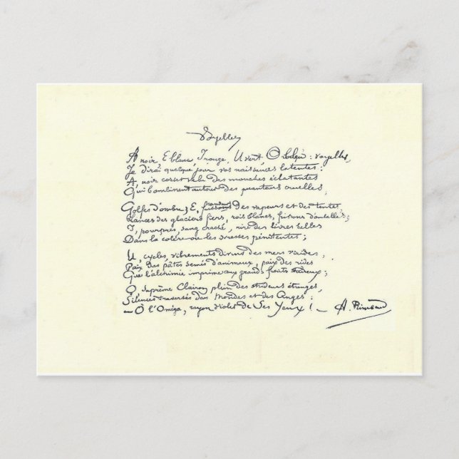 Autogrammmanuskript der Voyelles (Rimbaud) Postkarte (Vorderseite)