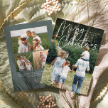 Autograph | Frohe Weihnachten Vertikales Foto<br><div class="desc">Versenden Sie Ihre Urlaubstage mit unseren eleganten Fotokarten an Freunde und Familie im schicken Stil. Design zeigt Ihr liebstes vertikal oder portrait orientiertes Foto mit "Frohe Weihnachten" überlagert oben in weißem handgeschriebenem Schrift. Personalisieren Sie Ihre Daten mit Ihrem Familiennamen und dem Jahr darunter, und fügen Sie drei zusätzliche Fotos auf...</div>