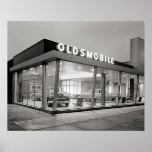 Autohaus im Mittelalter-Stil, 1950. Vintage-Foto Poster