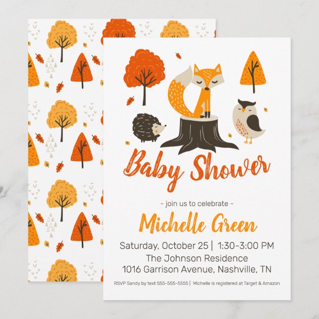 Automne Animaux de bois Baby shower Invitation (Devant / Derrière)