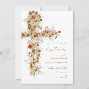 Automne Automne Floral Cross Baptism Invitation