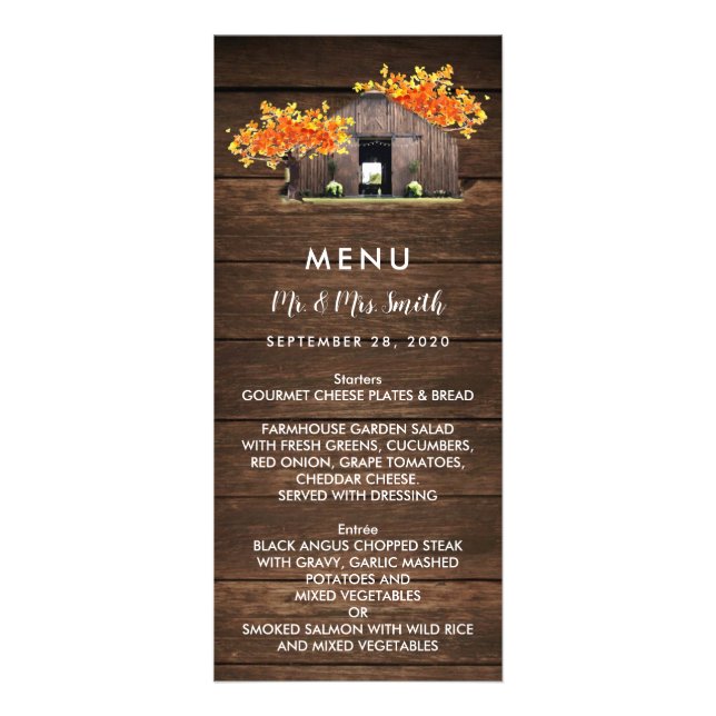 Automne Automne Rustique Barne Mariage Menu Card (Devant)