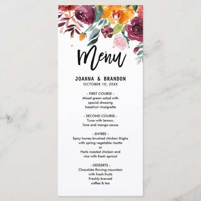 Automne Bourgogne Blush Floral Blossom menu Mariag (Devant)